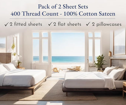 California Design Den 2-Pack Twin XL Sheet Sets 100% Cotton Sateen - 400 Thread Count - Soft and Breathable Sheets, 2 Sets of Deep Pocket Bed Sheets - Antique White