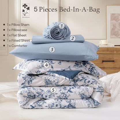 Twin XL Comforter Set -5 Pieces Floral Rain Washed Bedding Set for All Seasons, Bed in a Bag with Botanical Flowers Comforter, Sheets, Pillowcase & Sham