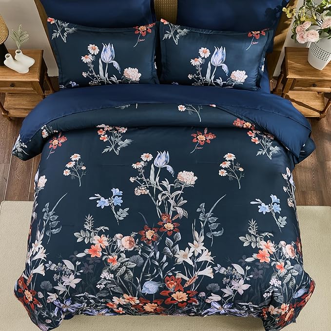 WONGS BEDDING Queen Comforter Set 7 Piece, Navy Blue Floral Bed in a Bag Bedding Set with Botanical Flowers Patterns, Soft Lightweight Complete Comforters with Sheets for All Season