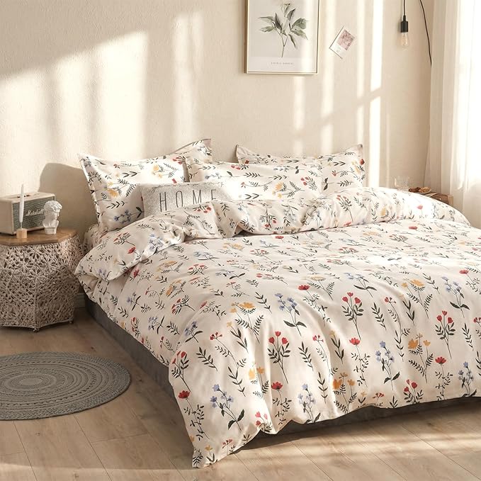 100% Cotton Comforter King Size Red and Yellow Floral Bedding Set Reversible Botanical Comforter Set 3 Pcs Cottagecore Soft Breathable Bedding Sets for All Season