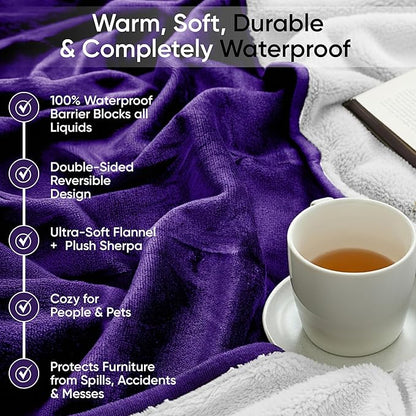 Waterproof Pet Blanket, Liquid Pee Proof, Sherpa Fleece Protector – Pet Hair Resistant Water Proof Bed Cover for Dogs Couch Sofa Car Bedding Comforter (Purple, 60"x80")