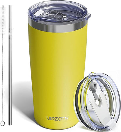 Travel Coffee Tumbler 20oz, Leakproof Travel Coffee Mug with Dual Lids and Straw, Stainless Steel Double Wall Vacuum Insulated Tumbler for Hot/Iced Drinks (Yellow, Textured Matte)