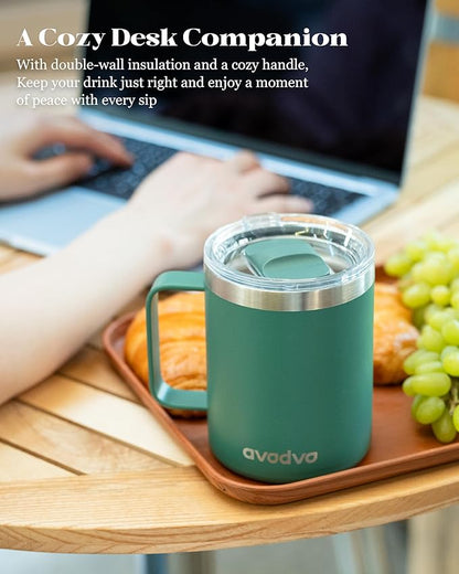 12oz Insulated Coffee Mug with Lid – Includes Two Lids, Stainless Steel Coffee Travel Mug with Handle, Double Wall Vacuum Insulated Camping Mug for Home, Office & Outdoor, Sage Green