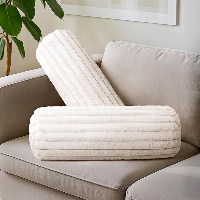 AELS Faux Fur Striped Cylinder Pillows Set of 2, 8" x 24" Decorative Modern Bolster Pillows with Removable Washable Cover & Insert, Body Pillow for Couch Bed, Living Room Bedroom Nursery Decor, White