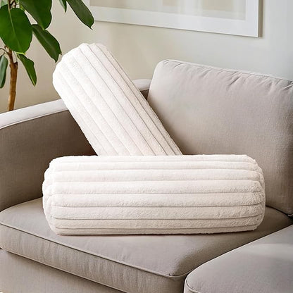 AELS Faux Fur Striped Cylinder Pillows Set of 2, 8" x 24" Decorative Modern Bolster Pillows with Removable Washable Cover & Insert, Body Pillow for Couch Bed, Living Room Bedroom Nursery Decor, White