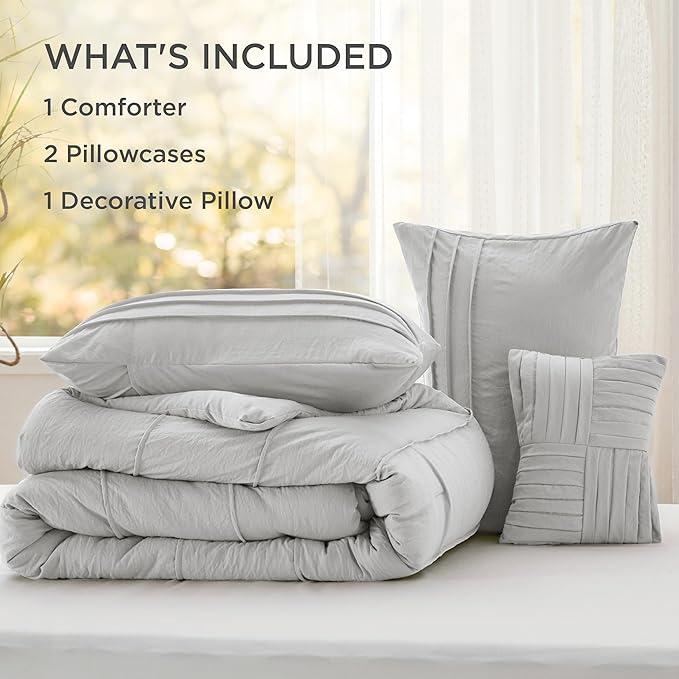 Bedsure King Comforter Set - 4 Pieces Pinch Pleat Bed Set, Light Grey Boho Bedding for All Season, 1 Soft Comforter, 2 Pillowcases, 1 Decorative Pillow