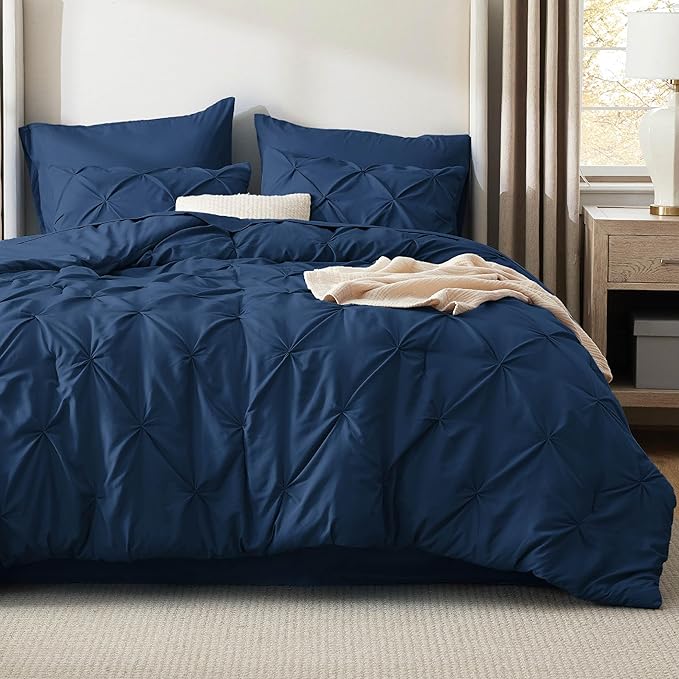 Bedsure Queen Comforter Set Navy - Bed in a Bag Queen Size Bedding 7 Pieces, GentleSoft™ Pintuck Bed Set Gift for Family, Pinch Pleat All Season Comforter with Sheets, Pillowcases & Shams