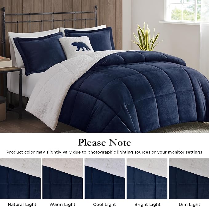 Woolrich Reversible Comforter Set Ultra Soft Plush to Sherpa, Down Alternative, Cold Weather Winter Warm Bedding, with Matching Sham, Decorative Pillow Navy/Ivory King 4 Piece