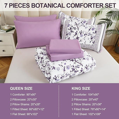 Dobuyly Purple Comforter Set Queen Size, 7 Piece Bed in a Bag Queen Floral Botanical Bedding Set, Soft Microfiber Bedding Comforter Sets with Sheets for All Season