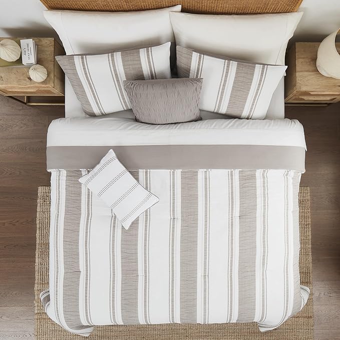 Modern Threads 5-Piece Jacquard Comforter Set, Lonnie Queen in White Taupe – Elegant Comforter, 2 Pillow Shams, and 2 Decorative Pillows
