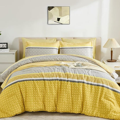 WONGS BEDDING Yellow Comforter Set Queen Size, 7 Pieces Striped Bed in a Bag Comforter and Sheet Set, Bohemian Soft Lightweight Micorfiber Bedding Set for All Seaon (90"×90")