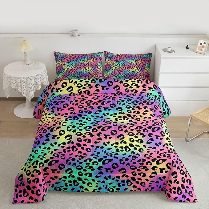Erosebridal Rainbow Leopard Comforter for Kids Boys Girls,Colorful Cheetah Print Toddler Bedding Set,Animal Skin Texture Duvet Insert,Blue Green Pink Purple Yellow Quilt Bedroom Decor