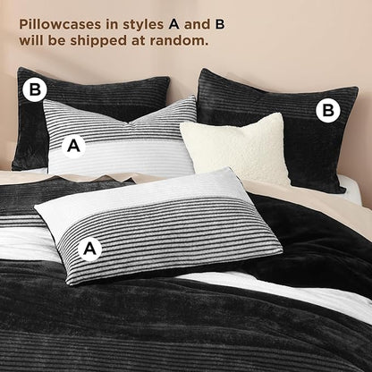 Litanika Fluffy Fleece Full Size Comforter Set, Luxury Soft Plush Fuzzy Black & White Stripe Bedding Comforter Sets, Warm Shaggy Faux Fur Bed Set All Season (1 Comforter, 2 Pillowcases)