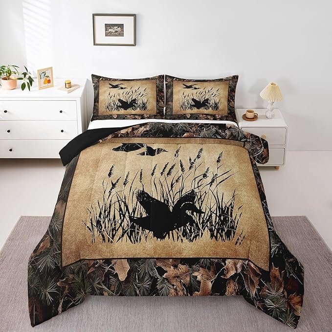Erosebridal Camo Mallard Duck Bedding Set Rustic Cabin Comforter Set King for Boys Adults Men,Woodland Camouflage Hunting Duck Quilt Comforter Country Farmhouse Retro Bed Set Room Decor 3 Pcs