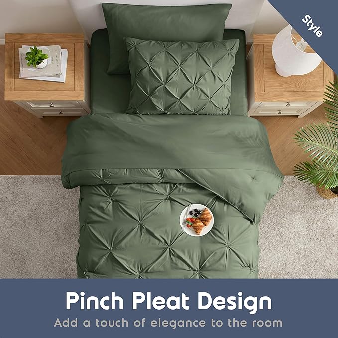 Nestl Twin Comforter Set 5 Piece - Pintuck Twin Bedding Sets Olive Green, College Dorm Essentials for Girls and Boys Bed in a Bag Twin All Season, Twin Comforter Set with Sheets, Pillowcase and Sham