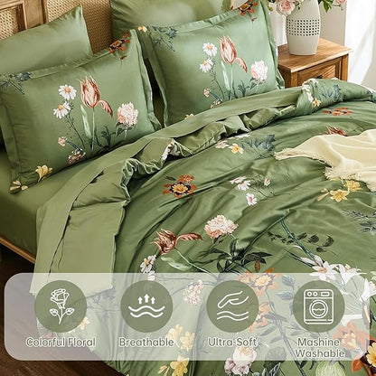WONGS BEDDING Green Floral Comforter Set King, 7 Piece Bed in a Bag Bedding Set with Botanical Flowers Patterns, Soft Lightweight Complete Comforters with Sheets for All Season