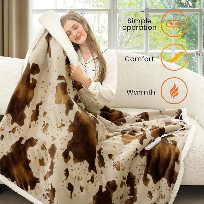 Cow Print Heated Throw Blanket Electric Blanket-Heating Blanket Throw with 10 Heat Levels & 10 Hours Auto-Off, Cozy Soft Fleece Sherpa, Washable, 50 x 60 Inches Cow Print Apricot