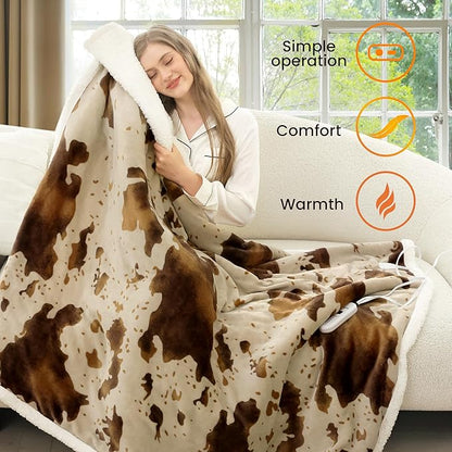 Cow Print Heated Throw Blanket Electric Blanket-Heating Blanket Throw with 10 Heat Levels & 10 Hours Auto-Off, Cozy Soft Fleece Sherpa, Washable, 50 x 60 Inches Cow Print Apricot