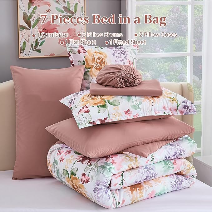 Luxudecor Floral Comforter Set Queen Size 7 Pieces Bed in a Bag, Dusty Rose Pink Flower Watercolor Bed Set, Soft Comforter with Sheet Set 90"x90"