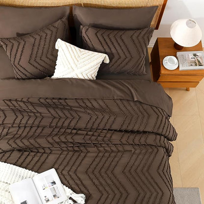 Litanika Full Size Comforter Set with Sheets Brown - 7 Pieces Bed in a Bag Full Chevron Tufted Complete Bedding Sets with Comforter, Sheets, Pillowcases & Shams