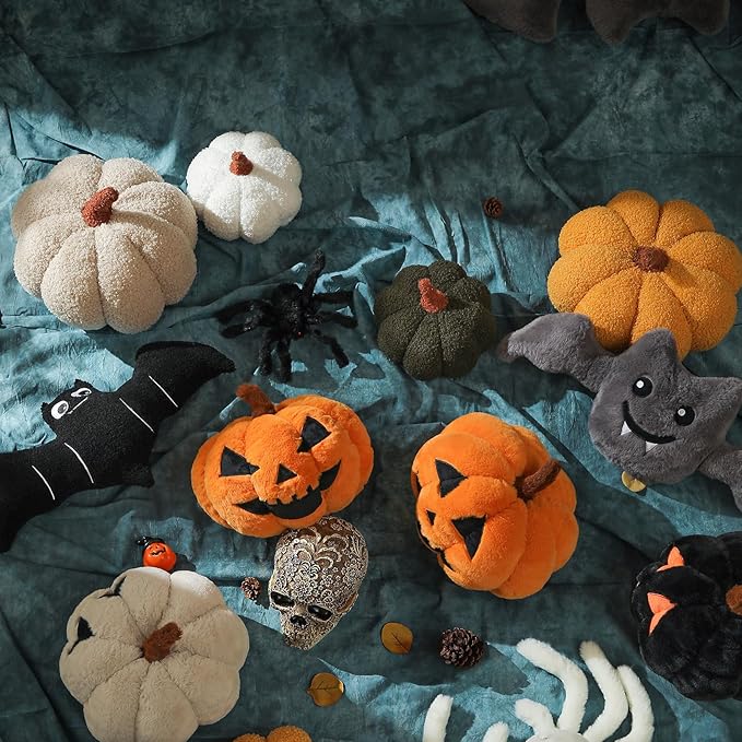 YRXRUS Pumpkin Pillows, Halloween Pumpkin Pillow Set of 2, Off White Green Throw Pillows Fall Room Decoration, Teddy Fleece 6x12&4x7 Inches Accent Cushion Gifts for Holiday