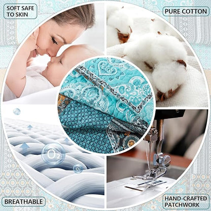 BEDIFANY Cotton Queen Size Quilt, Lightweight Bedspread Queen Size, Teal, Quilted Coverlets Queen Quilt Bedding Sets for Bed Decorations for All Seasons. 3 Pieces