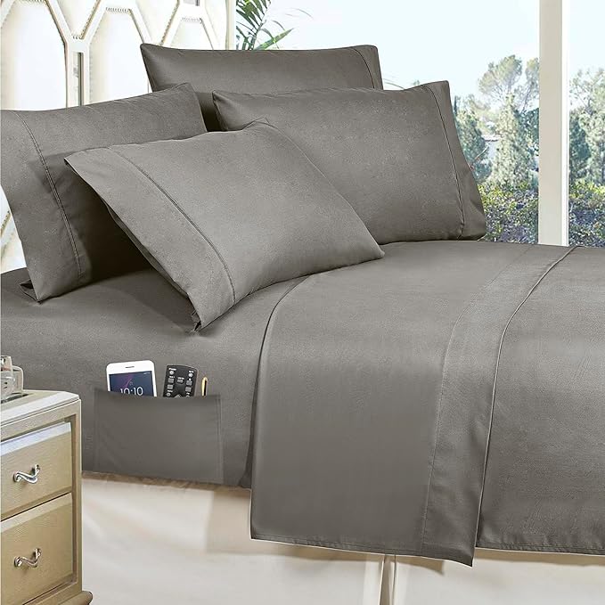 Elegant Comfort 8-Piece Pinch Pleated Comforter Set - All Season Complete Bed in a Bag, Includes 4pc Smart Sheet Set, Bed Skirt, Comforter, Matching Pillowcases and Shams, King/Cal King, Gray