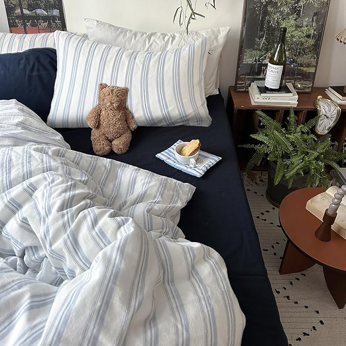 mixinni Vintage Light Blue & White Striped Comforter Set Queen Size - Soft Washed Cotton 3-Piece Bedding Set (1 Comforter + 2 Pillowcases), Retro Geometric Pattern, All-Season Breathable & Fluffy