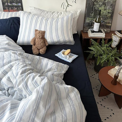 mixinni Vintage Light Blue & White Striped Comforter Set Full Size - Soft Washed Cotton 3-Piece Bedding Set (1 Comforter + 2 Pillowcases), Retro Geometric Pattern, All-Season Breathable & Fluffy
