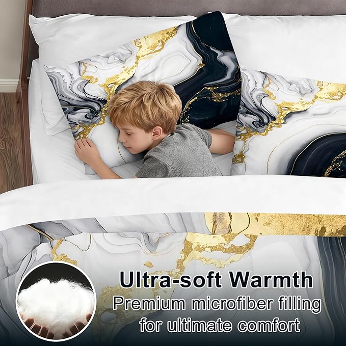 3D Marble Bedding Sets Full Size Grey White and Black Gold Bedding Set Luxury Marbling Texture Bed Set for Bedroom Decor Soft Quilt Set with 1 Comforter + 2 Pillowcases