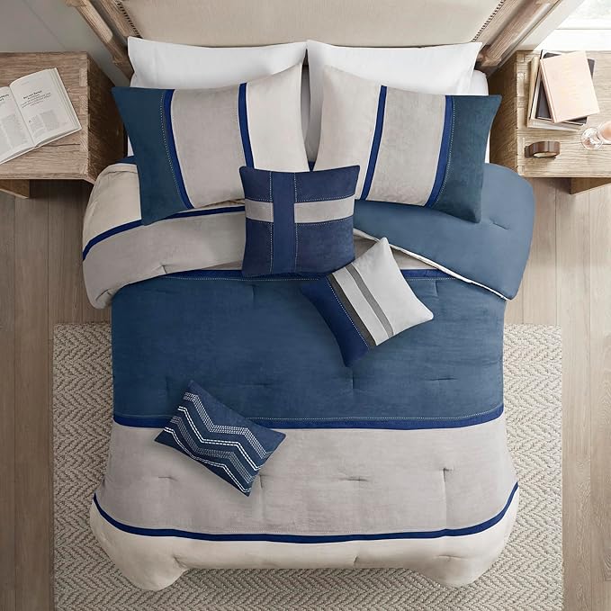Madison Park Palisades Comforter Set Modern Faux Suede Pieced Stripe Design, All Season Down Alternative Cozy Bedding with Matching Shams, Decorative Pillows, King(104"x92"), Blue 7 Piece