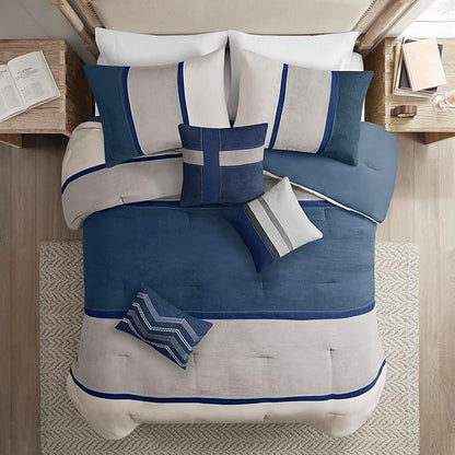 Madison Park Palisades Comforter Set Modern Faux Suede Pieced Stripe Design, All Season Down Alternative Cozy Bedding with Matching Shams, Decorative Pillows, King(104"x92"), Blue 7 Piece