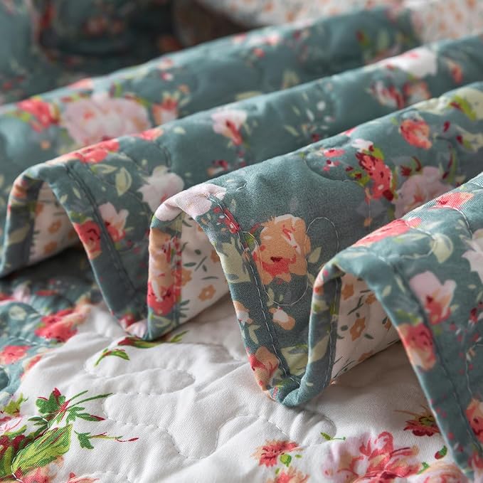 BEDIFANY French Style King Size Quilt Set for Farmhouse - 3 Pieces Cotton Filling Garden Lightweight Bedspreads King with Floral Pattern - All Season Quilt Bedding Sets for Decorations