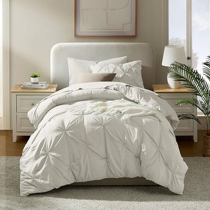 Nestl Twin XL Comforter Set 5 Piece, Pintuck Twin XL Bedding Set Off White, College Dorm Room Essentials Bed in a Bag, Twin XL Comforter Set for College Girls and Boys with Sheets, Pillowcase and Sham