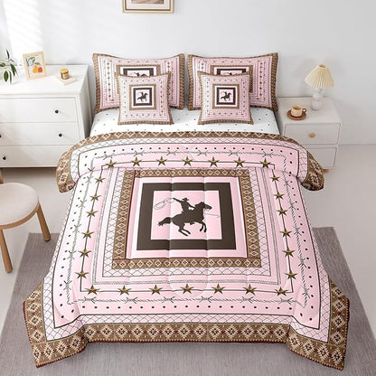 Feelyou Pink Western Cowboy Comforter Set with Sheets King Size Kids Rodeo Cowboy Horse 7 Pieces Bedding Set for Boys Girls Teens Western Star Bed in a Bag Grunge Design Bed Set