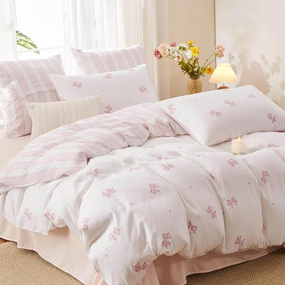 White Twin Comforter Set - Pink Bow Quilt Bedding Set 2 Pieces, Stripes Comforter Set Twin Size, Soft & Lightweight Comforter(68‘’ x 90‘’) for Girl All Season & 1 Pillowcase(30‘’x20‘’)