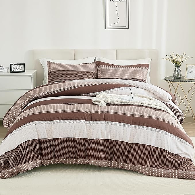 Litanika Brown Comforter Set Queen - 3 Pieces Lightweight Brown White Colorblock Stripe Fluffy Bedding Comforter Sets, All Season Bed Set