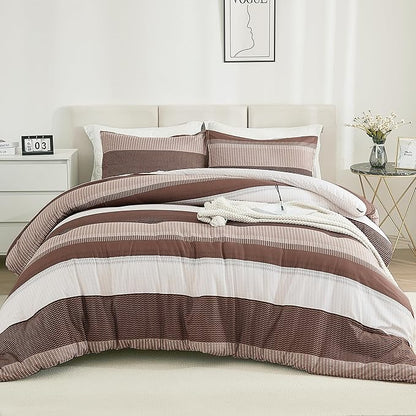 Litanika Brown Comforter Set Queen - 3 Pieces Lightweight Brown White Colorblock Stripe Fluffy Bedding Comforter Sets, All Season Bed Set