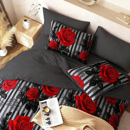 Black Floral Comforter Set Twin Size - Red Rose Pattern Soft Fluffy Black Grey Stripe Bedding Set for Girls Bedroom Decor - 2Piece Microfiber with 1 Pillowcases