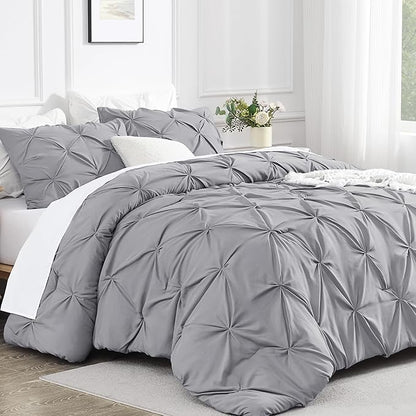 Andency California King Comforter Set Silver Gray (104x96Inch), Western Modern Pinch Pleat Bedding Set 3 Pieces, Oversized Pintuck All Season Soft Down Alternative Bed Set for Men Adults