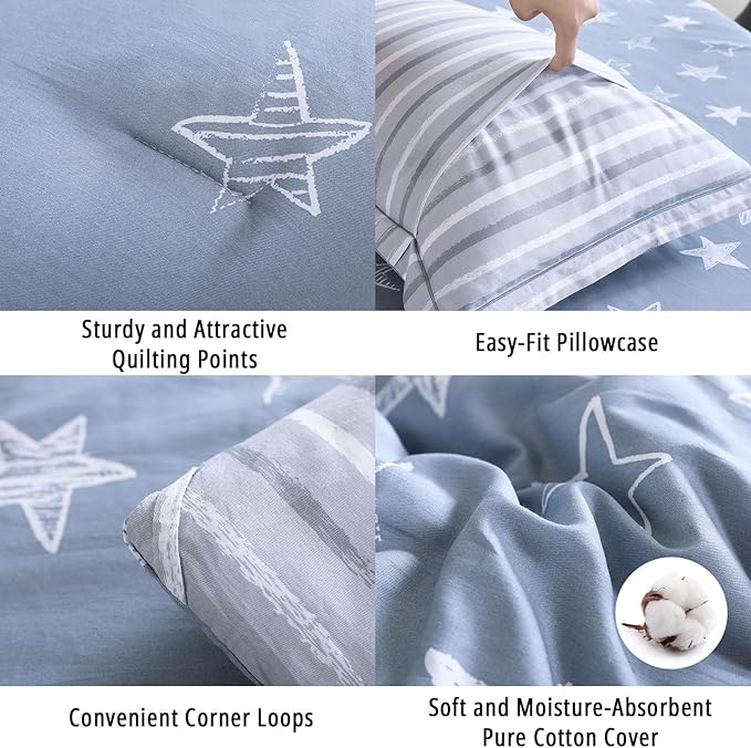 Blue Cotton Comforter King Size 3Pcs - White Doodle Style Stars on Denim Blue Front, Gray Stripes on Back, Reversible Lightweight Bedding Sets with Soft Fill(King, 104"×90")