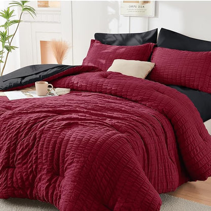 HYMOKEGE Red & Black King Size Comforter Set Seersucker 7 Pieces, All Season Luxury Bed in a Bag for Bedroom, Bedding Set with Comforters, Sheets, Pillowcases & Shams