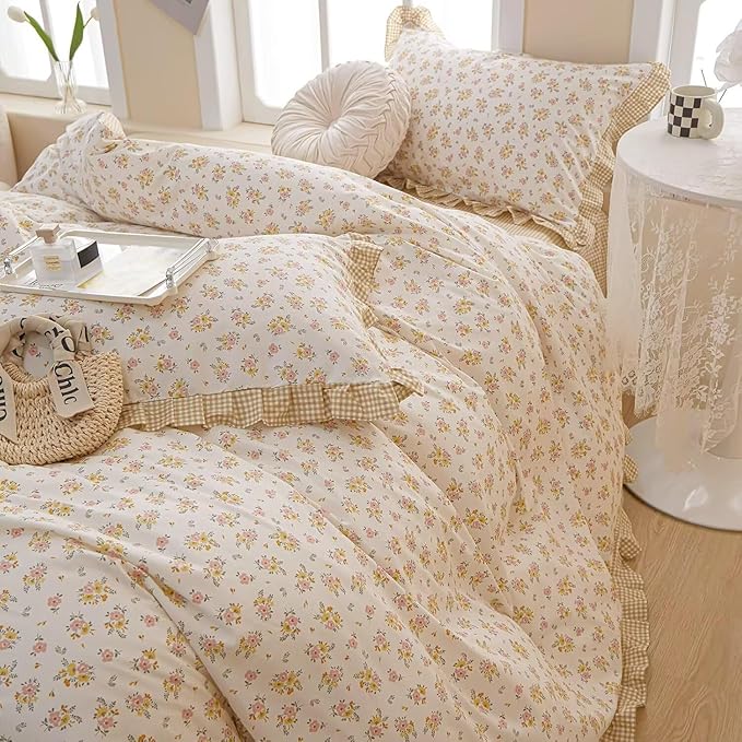 MKXI King Size Pink & Yellow Floral Ruffled Comforter Set - 3 Piece Cottagecore Style Reversible Bed Set with Beige Plaid Pattern, Soft Aesthetic Bedding Set for Girls Wome