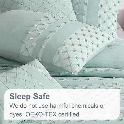 Swift Home Layla 100% Cotton Washed Clip Jacquard Gauze 5-Piece Bedding Comforter Set, All Season & Breathable, Oeko-TEX Certified – Pistachio, King