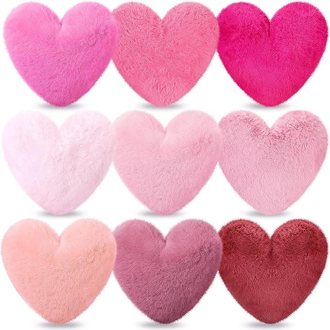 9 Pcs Pink Series Heart Pillow Faux Rabbit Fur Fluffy Love Heart Throw Pillows Cute Decorative Soft Throw Cushion Gift for Women Couch Bed Sofa Chair Home 11 in