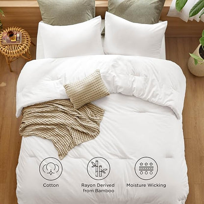 Bedsure 5 Pieces Cotton Comforter Set with Cotton Waffle Throw Blanket - White Queen Comforter, Pillow Shams, Taupe Cooling Blanket of Rayon Derived from Bamboo for Hot Sleepers, Throw Pillow
