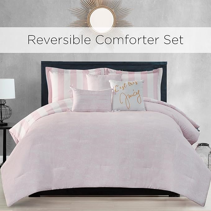 Juicy Couture Cabana Stripe Reversible Bedding Set - Queen/Full Size - Dogwood Pink/White Stripe Print – 6 Piece Set – Includes 1 90" x 90" Comforter, 3 Decorative Pillows, 2 Shams