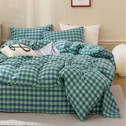 HighBuy Turquoise Gingham Comforter Set Full Vintage Chic Plaid Grid Printed Bedding Comforter with 2 Pillowcases,Fluffy Soft Checkered Comforter Set Plaid Bedding Sets 3 Pieces,Breathable