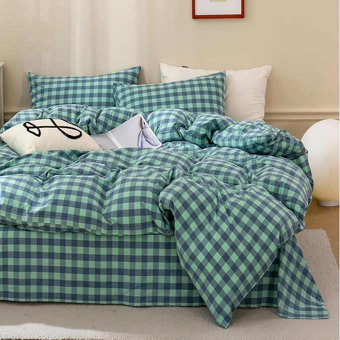 HighBuy Turquoise Gingham Comforter Set Queen Size,Farmhouse Modern Blue Plaid Checkered Comforter Set Grid Bedding Sets Soft Fluffy 3 Pieces,Gingham Bed Comforter with 2 Pillowcases
