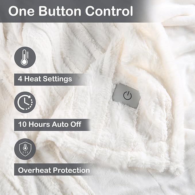 Electric Heated Blanket Throw Size 50"x60", Fast Heating Throw, Plush Faux Fur for Sofa & Office,4 Heating Levels & 10 Hours Auto Off, Machine Washable, Gifts for Family-Striped White